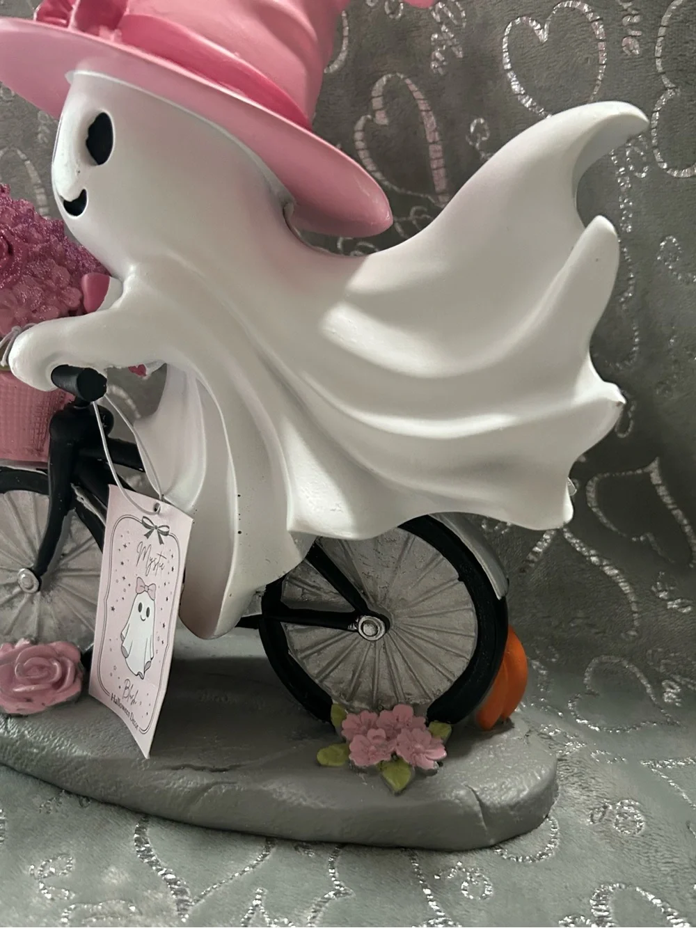 NWT Mystic Blush Ghost Wearing a Pink Witch Hat on Bike Halloween Tabletop Decor